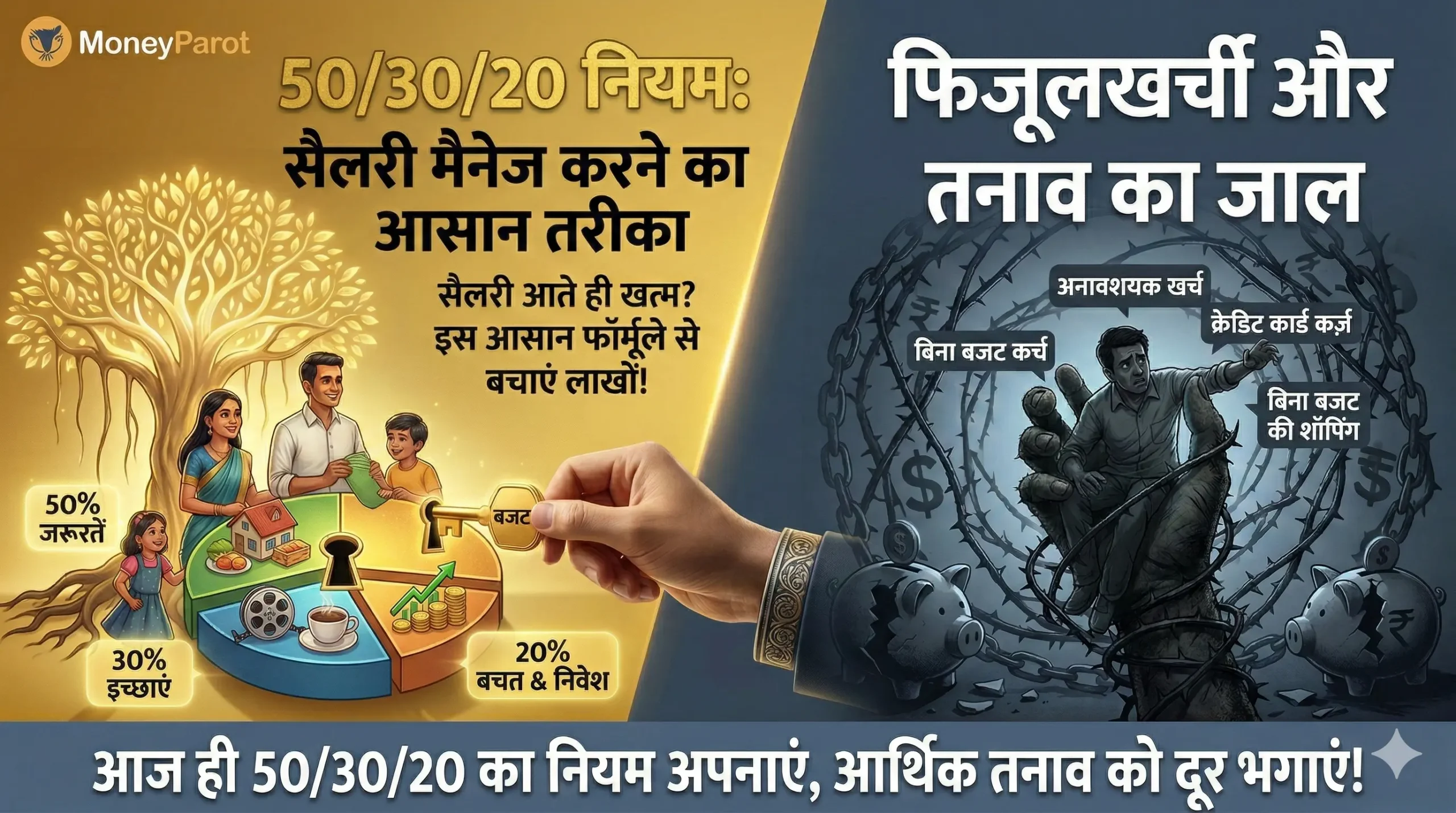 लेख का शीर्षक: 50/30/20 का नियम: सैलरी आते ही हो जाती है खत्म? इस आसान फॉर्मूले से बचाएं लाखों रुपये!